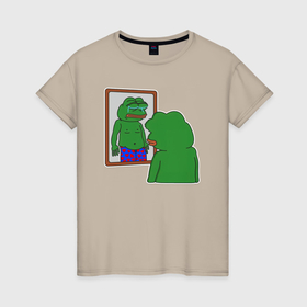 Женская футболка хлопок с принтом Лягушонок Пепе плачет перед зеркалом , 100% хлопок | прямой крой, круглый вырез горловины, длина до линии бедер, слегка спущенное плечо | 
