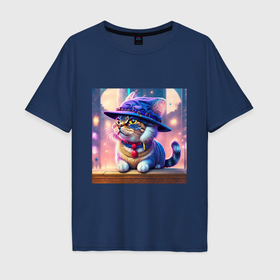 Мужская футболка хлопок Oversize с принтом Милый кот в шляпе в Санкт-Петербурге, 100% хлопок | свободный крой, круглый ворот, “спинка” длиннее передней части | 