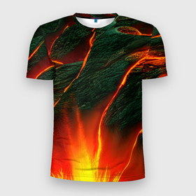 Мужская футболка 3D Slim с принтом Горячая магма в Белгороде, 100% полиэстер с улучшенными характеристиками | приталенный силуэт, круглая горловина, широкие плечи, сужается к линии бедра | 