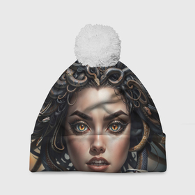 Шапка 3D c помпоном с принтом Портрет мифической Медузы Горгоны в Екатеринбурге, 100% полиэстер | универсальный размер, печать по всей поверхности изделия | 