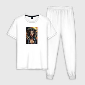 Мужская пижама хлопок с принтом Портрет разгневанной Медузы Горгоны в Тюмени, 100% хлопок | брюки и футболка прямого кроя, без карманов, на брюках мягкая резинка на поясе и по низу штанин
 | 