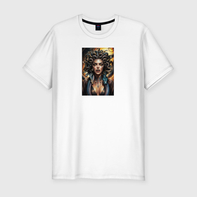 Мужская футболка хлопок Slim с принтом Портрет разгневанной Медузы Горгоны в Екатеринбурге, 92% хлопок, 8% лайкра | приталенный силуэт, круглый вырез ворота, длина до линии бедра, короткий рукав | 