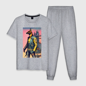Мужская пижама хлопок с принтом Kangaroo   cyberpunk   neural network   art , 100% хлопок | брюки и футболка прямого кроя, без карманов, на брюках мягкая резинка на поясе и по низу штанин
 | 