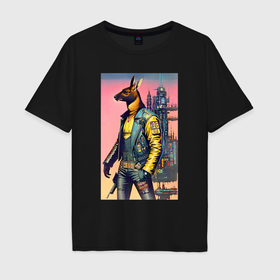 Мужская футболка хлопок Oversize с принтом Kangaroo   cyberpunk   neural network   art , 100% хлопок | свободный крой, круглый ворот, “спинка” длиннее передней части | 