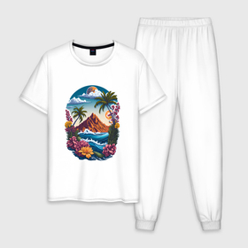 Мужская пижама хлопок с принтом Горы и море   экзотика в Санкт-Петербурге, 100% хлопок | брюки и футболка прямого кроя, без карманов, на брюках мягкая резинка на поясе и по низу штанин
 | 