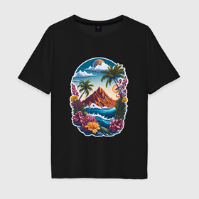 Мужская футболка хлопок Oversize с принтом Горы и море   экзотика в Курске, 100% хлопок | свободный крой, круглый ворот, “спинка” длиннее передней части | Тематика изображения на принте: 
