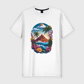 Мужская футболка хлопок Slim с принтом Горы и море   экзотика в Курске, 92% хлопок, 8% лайкра | приталенный силуэт, круглый вырез ворота, длина до линии бедра, короткий рукав | 