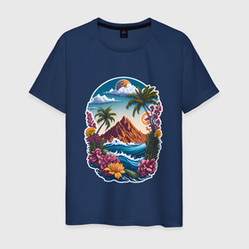 Мужская футболка хлопок с принтом Горы и море   экзотика в Курске, 100% хлопок | прямой крой, круглый вырез горловины, длина до линии бедер, слегка спущенное плечо. | 