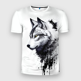 Мужская футболка 3D Slim с принтом Белый волк   краски в Белгороде, 100% полиэстер с улучшенными характеристиками | приталенный силуэт, круглая горловина, широкие плечи, сужается к линии бедра | 