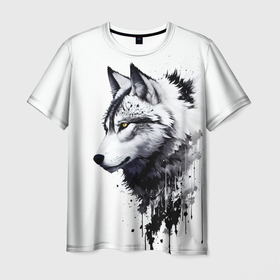 Мужская футболка 3D с принтом Белый волк   краски в Новосибирске, 100% полиэфир | прямой крой, круглый вырез горловины, длина до линии бедер | 