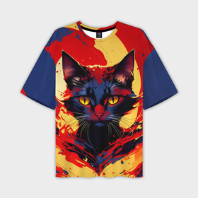 Мужская футболка oversize 3D с принтом Необычный котик   оранжевый и красный ,  |  | Тематика изображения на принте: 