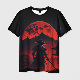 Мужская футболка 3D с принтом Самурай, деревня и луна   мрачный в Санкт-Петербурге, 100% полиэфир | прямой крой, круглый вырез горловины, длина до линии бедер | 