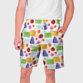 Мужские шорты 3D с принтом Разноцветные фигурки в Тюмени,  полиэстер 100% | прямой крой, два кармана без застежек по бокам. Мягкая трикотажная резинка на поясе, внутри которой широкие завязки. Длина чуть выше колен | 