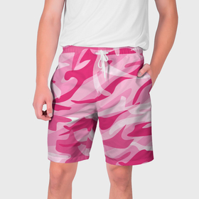 Мужские шорты 3D с принтом Камуфляж в розовом в Курске,  полиэстер 100% | прямой крой, два кармана без застежек по бокам. Мягкая трикотажная резинка на поясе, внутри которой широкие завязки. Длина чуть выше колен | 