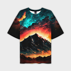 Мужская футболка oversize 3D с принтом Горящее ночное небо на фоне гор в Новосибирске,  |  | 