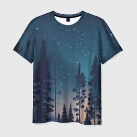 Мужская футболка 3D с принтом Ночной лес   нейросеть в Петрозаводске, 100% полиэфир | прямой крой, круглый вырез горловины, длина до линии бедер | 