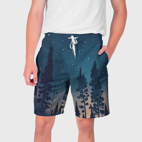 Мужские шорты 3D с принтом Ночной лес   нейросеть ,  полиэстер 100% | прямой крой, два кармана без застежек по бокам. Мягкая трикотажная резинка на поясе, внутри которой широкие завязки. Длина чуть выше колен | 