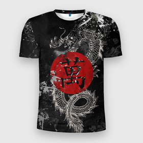 Мужская футболка 3D Slim с принтом Dragon   black grunge в Белгороде, 100% полиэстер с улучшенными характеристиками | приталенный силуэт, круглая горловина, широкие плечи, сужается к линии бедра | Тематика изображения на принте: 