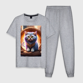 Мужская пижама хлопок с принтом Пушистый кот из будущего в Петрозаводске, 100% хлопок | брюки и футболка прямого кроя, без карманов, на брюках мягкая резинка на поясе и по низу штанин
 | 