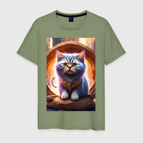 Мужская футболка хлопок с принтом Пушистый кот из будущего в Екатеринбурге, 100% хлопок | прямой крой, круглый вырез горловины, длина до линии бедер, слегка спущенное плечо. | 