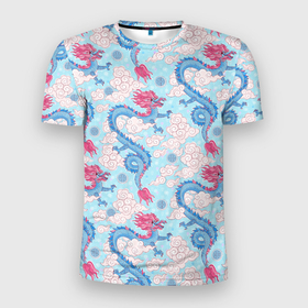 Мужская футболка 3D Slim с принтом Синие драконы в облаках на голубом фоне: паттерн в Белгороде, 100% полиэстер с улучшенными характеристиками | приталенный силуэт, круглая горловина, широкие плечи, сужается к линии бедра | 