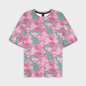 Мужская футболка oversize 3D с принтом Изумрудные драконы в облаках на розовом фоне: паттерн ,  |  | Тематика изображения на принте: 
