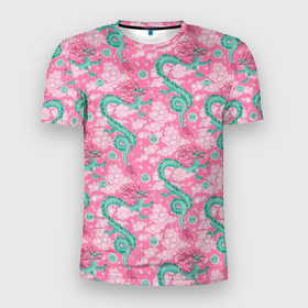 Мужская футболка 3D Slim с принтом Изумрудные драконы в облаках на розовом фоне: паттерн , 100% полиэстер с улучшенными характеристиками | приталенный силуэт, круглая горловина, широкие плечи, сужается к линии бедра | Тематика изображения на принте: 