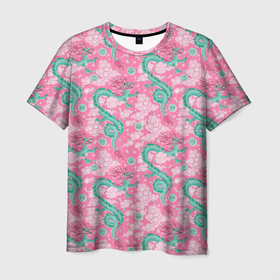 Мужская футболка 3D с принтом Изумрудные драконы в облаках на розовом фоне: паттерн , 100% полиэфир | прямой крой, круглый вырез горловины, длина до линии бедер | Тематика изображения на принте: 