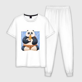 Мужская пижама хлопок с принтом Kung Fu Panda ест рамен в Петрозаводске, 100% хлопок | брюки и футболка прямого кроя, без карманов, на брюках мягкая резинка на поясе и по низу штанин
 | 
