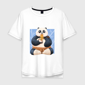 Мужская футболка хлопок Oversize с принтом Kung Fu Panda ест рамен в Кировске, 100% хлопок | свободный крой, круглый ворот, “спинка” длиннее передней части | 