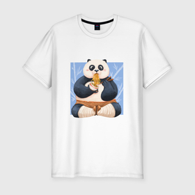 Мужская футболка хлопок Slim с принтом Kung Fu Panda ест рамен в Екатеринбурге, 92% хлопок, 8% лайкра | приталенный силуэт, круглый вырез ворота, длина до линии бедра, короткий рукав | 