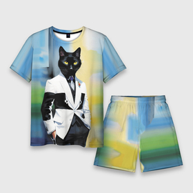 Мужской костюм с шортами 3D с принтом Cat fashionista   neural network   pop art в Кировске,  |  | 