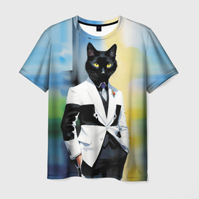 Мужская футболка 3D с принтом Cat fashionista   neural network   pop art , 100% полиэфир | прямой крой, круглый вырез горловины, длина до линии бедер | 