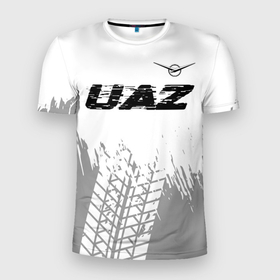 Мужская футболка 3D Slim с принтом UAZ speed на светлом фоне со следами шин: символ сверху в Петрозаводске, 100% полиэстер с улучшенными характеристиками | приталенный силуэт, круглая горловина, широкие плечи, сужается к линии бедра | 