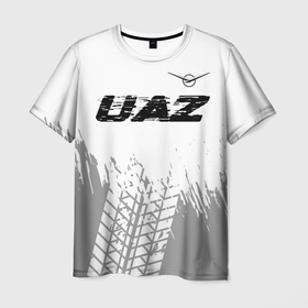 Мужская футболка 3D с принтом UAZ speed на светлом фоне со следами шин: символ сверху в Петрозаводске, 100% полиэфир | прямой крой, круглый вырез горловины, длина до линии бедер | 