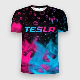 Мужская футболка 3D Slim с принтом Tesla   neon gradient: символ сверху , 100% полиэстер с улучшенными характеристиками | приталенный силуэт, круглая горловина, широкие плечи, сужается к линии бедра | 