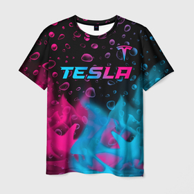 Мужская футболка 3D с принтом Tesla   neon gradient: символ сверху , 100% полиэфир | прямой крой, круглый вырез горловины, длина до линии бедер | 