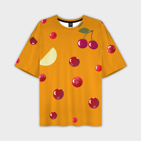 Мужская футболка oversize 3D с принтом Ягоды и лимон, оранжевый фон в Курске,  |  | Тематика изображения на принте: 