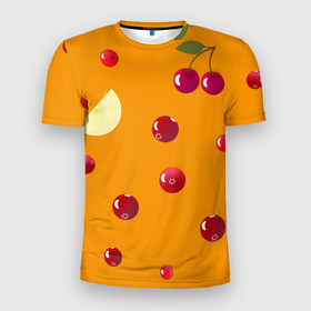 Мужская футболка 3D Slim с принтом Ягоды и лимон, оранжевый фон в Курске, 100% полиэстер с улучшенными характеристиками | приталенный силуэт, круглая горловина, широкие плечи, сужается к линии бедра | Тематика изображения на принте: 