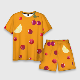 Мужской костюм с шортами 3D с принтом Ягоды и лимон, оранжевый фон в Курске,  |  | Тематика изображения на принте: 