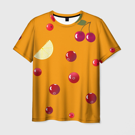 Мужская футболка 3D с принтом Ягоды и лимон, оранжевый фон в Курске, 100% полиэфир | прямой крой, круглый вырез горловины, длина до линии бедер | Тематика изображения на принте: 