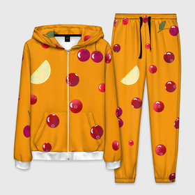 Мужской костюм 3D с принтом Ягоды и лимон, оранжевый фон в Курске, 100% полиэстер | Манжеты и пояс оформлены тканевой резинкой, двухслойный капюшон со шнурком для регулировки, карманы спереди | Тематика изображения на принте: 