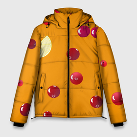 Мужская зимняя куртка 3D с принтом Ягоды и лимон, оранжевый фон в Курске, верх — 100% полиэстер; подкладка — 100% полиэстер; утеплитель — 100% полиэстер | длина ниже бедра, свободный силуэт Оверсайз. Есть воротник-стойка, отстегивающийся капюшон и ветрозащитная планка. 

Боковые карманы с листочкой на кнопках и внутренний карман на молнии. | Тематика изображения на принте: 