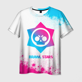 Мужская футболка 3D с принтом Brawl Stars neon gradient style , 100% полиэфир | прямой крой, круглый вырез горловины, длина до линии бедер | 