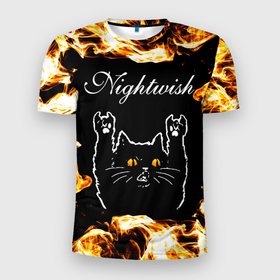 Мужская футболка 3D Slim с принтом Nightwish рок кот и огонь в Екатеринбурге, 100% полиэстер с улучшенными характеристиками | приталенный силуэт, круглая горловина, широкие плечи, сужается к линии бедра | 