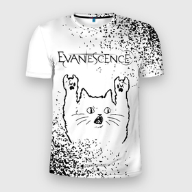 Мужская футболка 3D Slim с принтом Evanescence рок кот на светлом фоне в Екатеринбурге, 100% полиэстер с улучшенными характеристиками | приталенный силуэт, круглая горловина, широкие плечи, сужается к линии бедра | Тематика изображения на принте: 