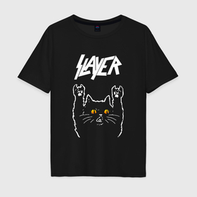 Мужская футболка хлопок Oversize с принтом Slayer rock cat в Петрозаводске, 100% хлопок | свободный крой, круглый ворот, “спинка” длиннее передней части | 