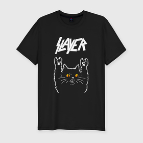Мужская футболка хлопок Slim с принтом Slayer rock cat в Санкт-Петербурге, 92% хлопок, 8% лайкра | приталенный силуэт, круглый вырез ворота, длина до линии бедра, короткий рукав | 