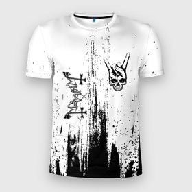 Мужская футболка 3D Slim с принтом Mayhem и рок символ на светлом фоне в Екатеринбурге, 100% полиэстер с улучшенными характеристиками | приталенный силуэт, круглая горловина, широкие плечи, сужается к линии бедра | 