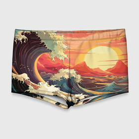 Мужские купальные плавки 3D с принтом Морская волна на закате в Новосибирске, Полиэстер 85%, Спандекс 15% |  | Тематика изображения на принте: 